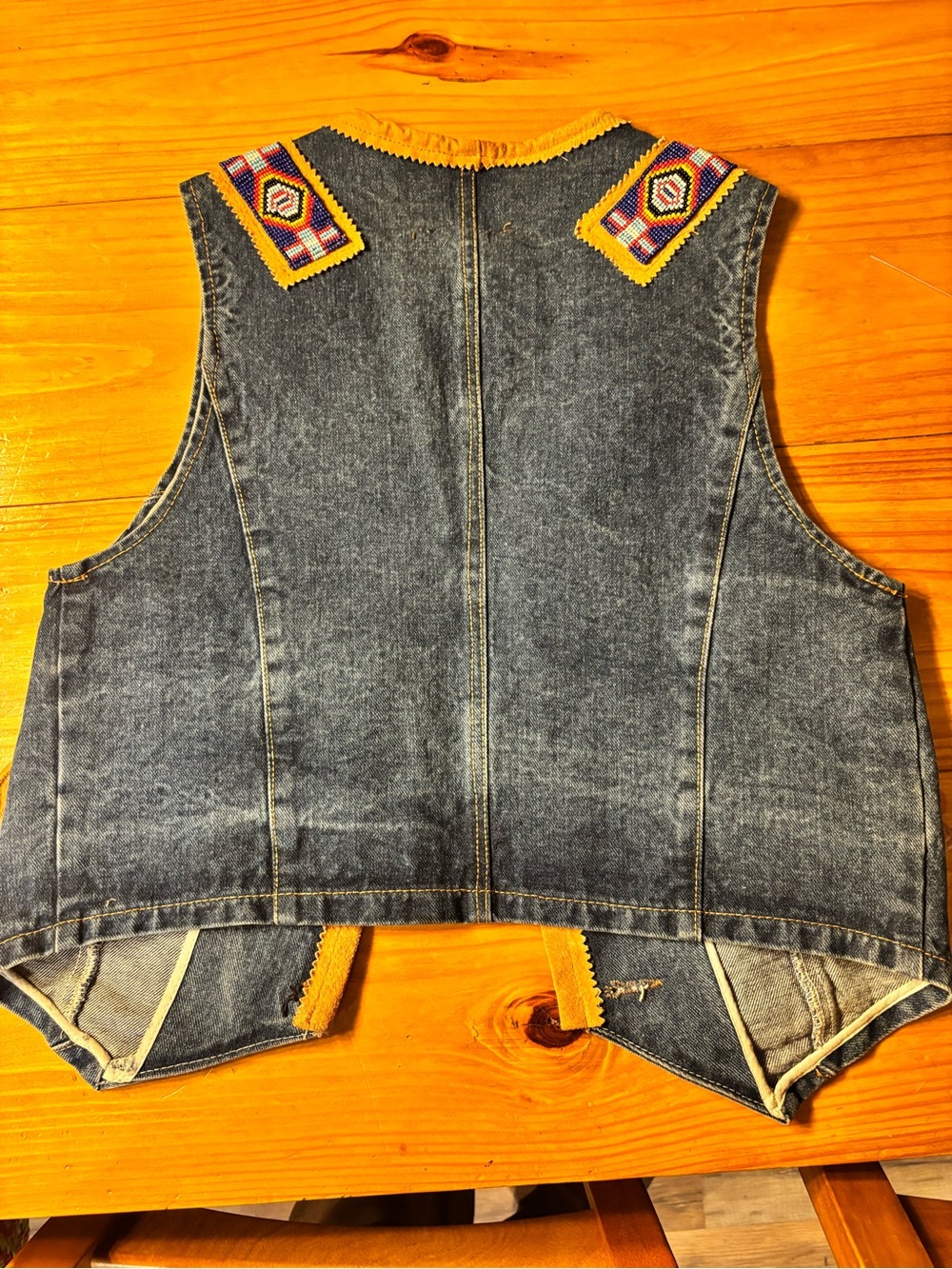 Women's Vintage Denim Vest with Suede Leather Trim and beading - Picture 5 of 5